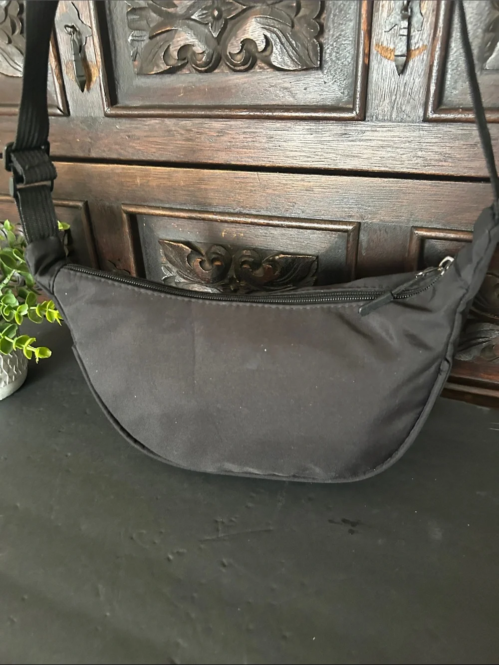 Beautiful Black Crescent Nylon Shoulder Bag with Silver Logo - Picture 4 of 8